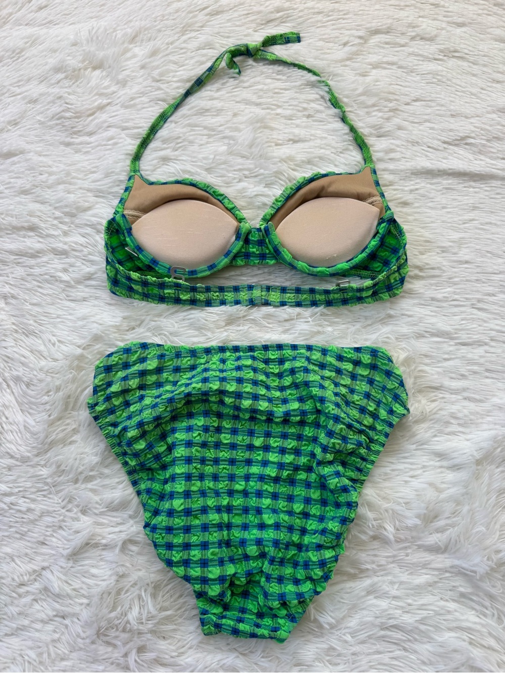 Vintage 90s Jantzen green blue gingham crinkle high cut bikini set medium - Picture 6 of 12